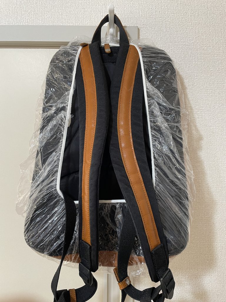 ダイソーのレインバッグカバーを装着したリュックの背面。肩ひもと背中に接する部分は覆われていない