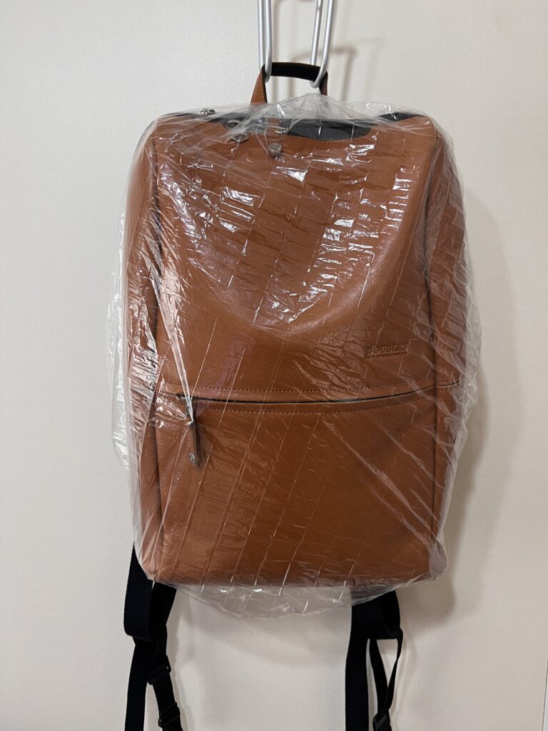 セリアのレインバッグカバーをリュックにかけて使用している様子