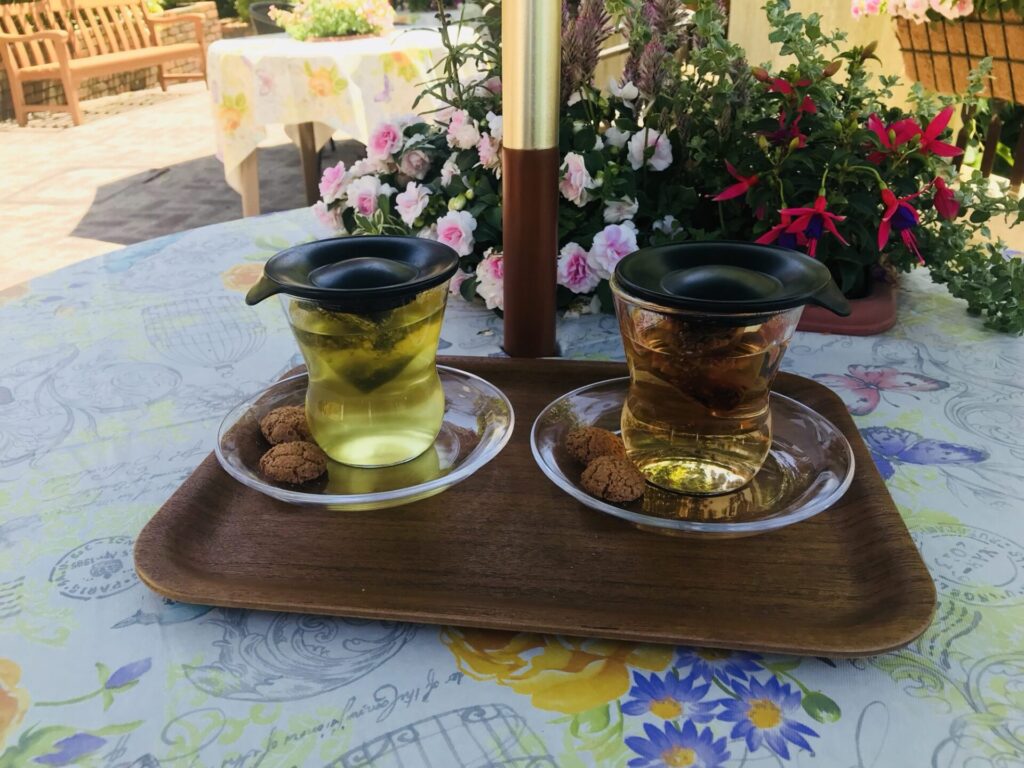 屋外のテーブルで提供された2種類のハーブティーとクッキーのセット