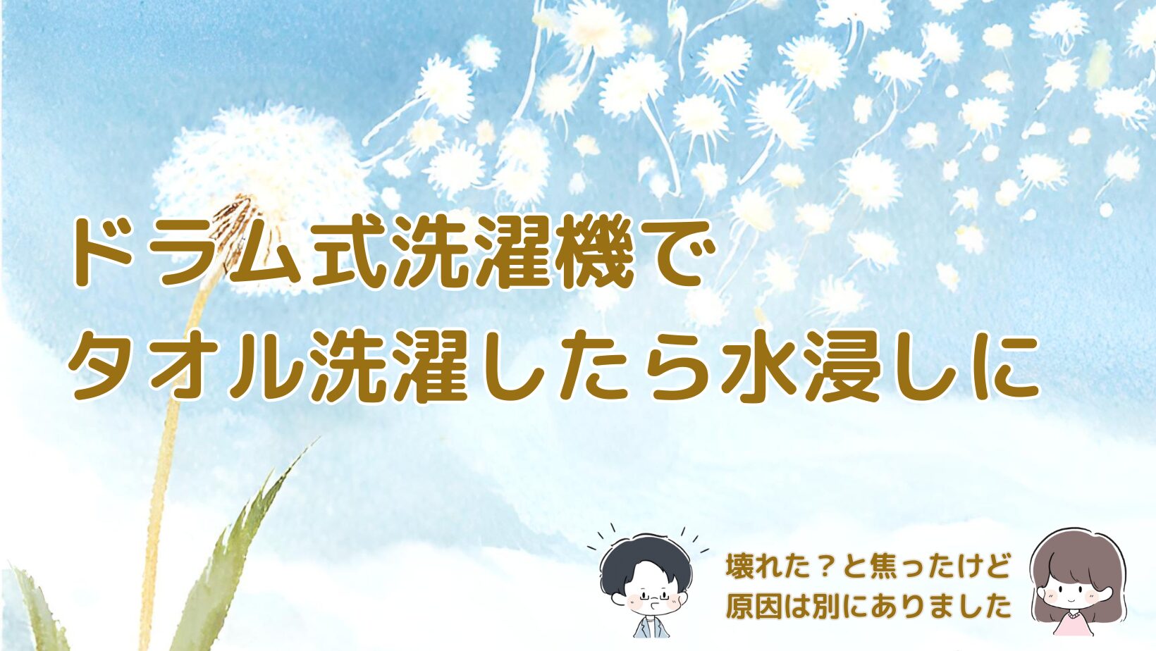 ドラム式洗濯機でタオル洗濯をした際に洗濯機の前が水浸しになり、故障を疑った体験談の記事のアイキャッチ画像。
