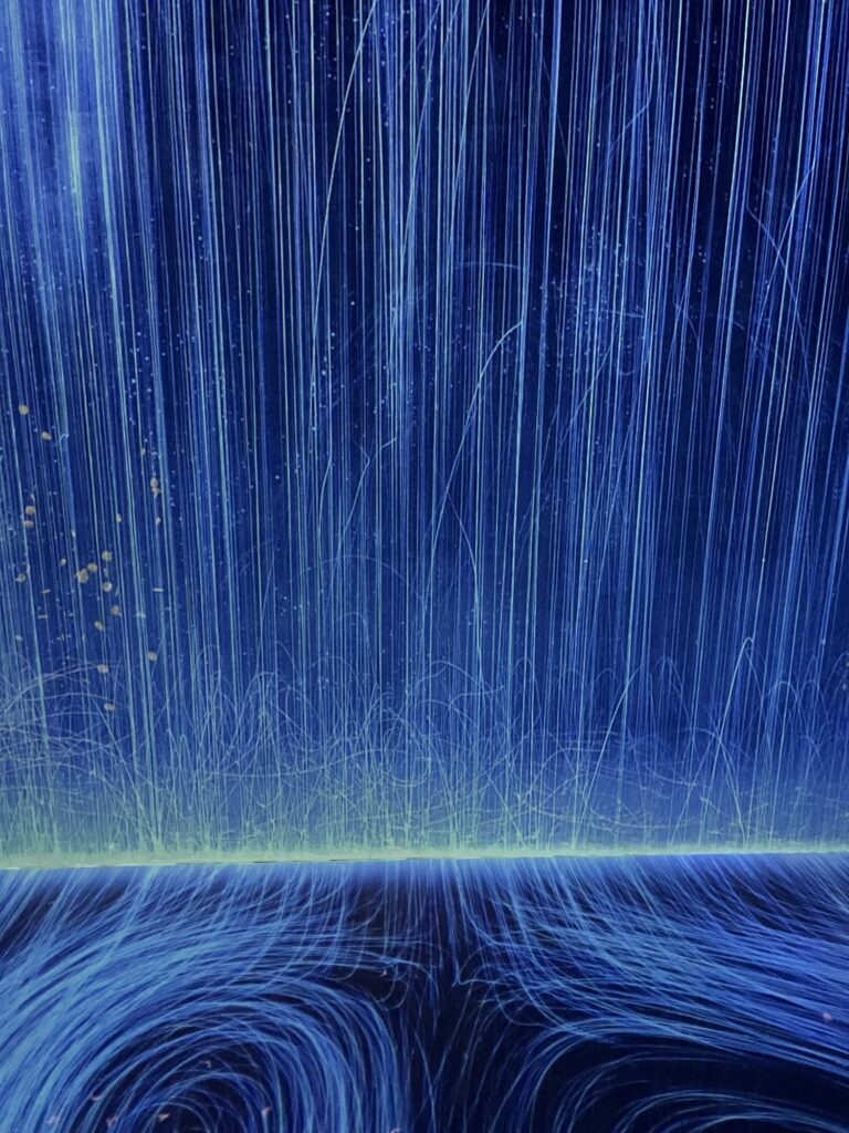 青い光の線が空間いっぱいに広がるチームラボ京都の展示風景。
