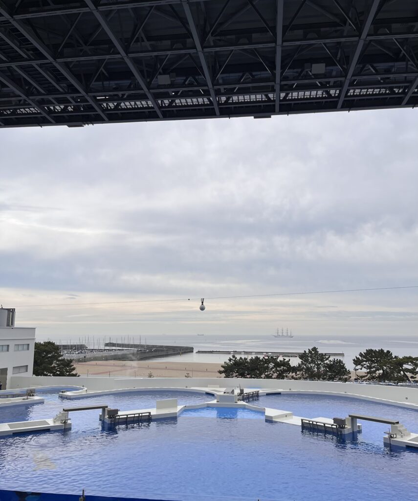 須磨シーワールドのオルカスタディアムで、客席から見た大きなプールと海の景色。