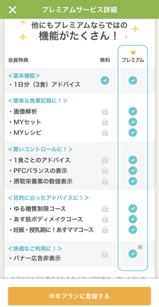 あすけんの無料版とプレミアム版の機能の違い一覧