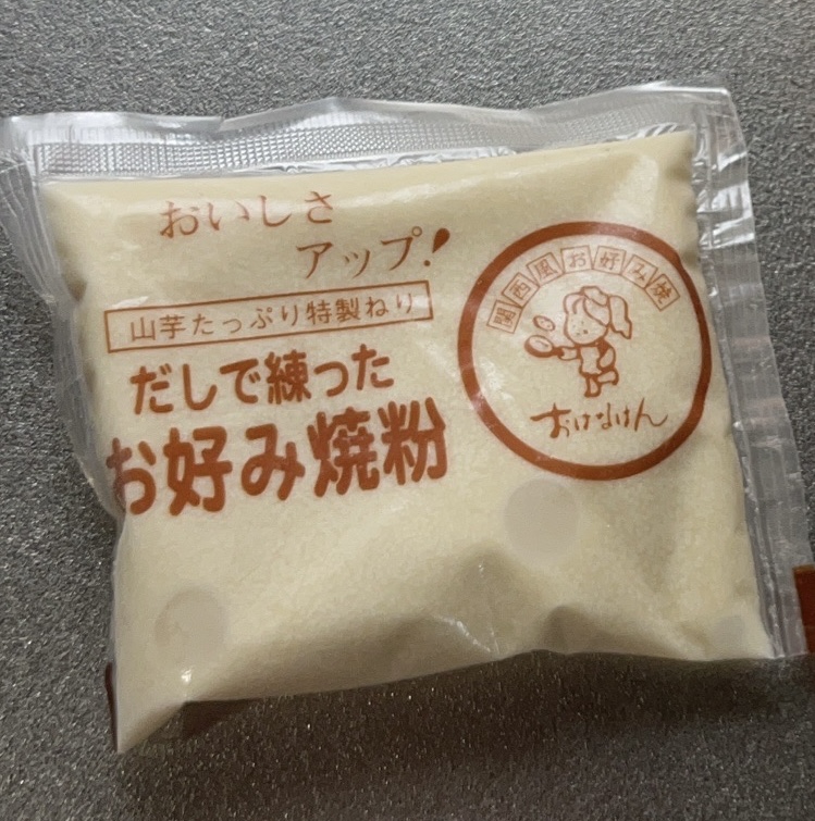 おはなはんの山芋たっぷり特製ねり「だしで練ったお好み焼粉」のパッケージ。